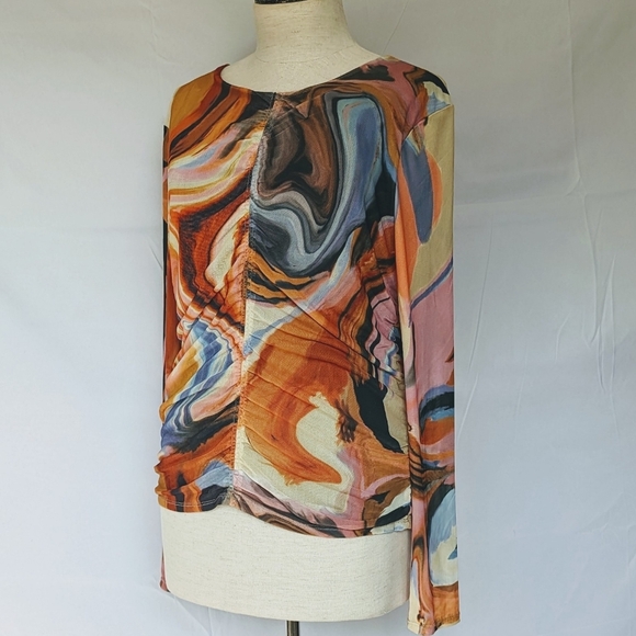 Bailey 44 Vanity Swirl Print Round Neck Mesh Overlay Ruched Center Multi L NWT - Picture 10 of 14